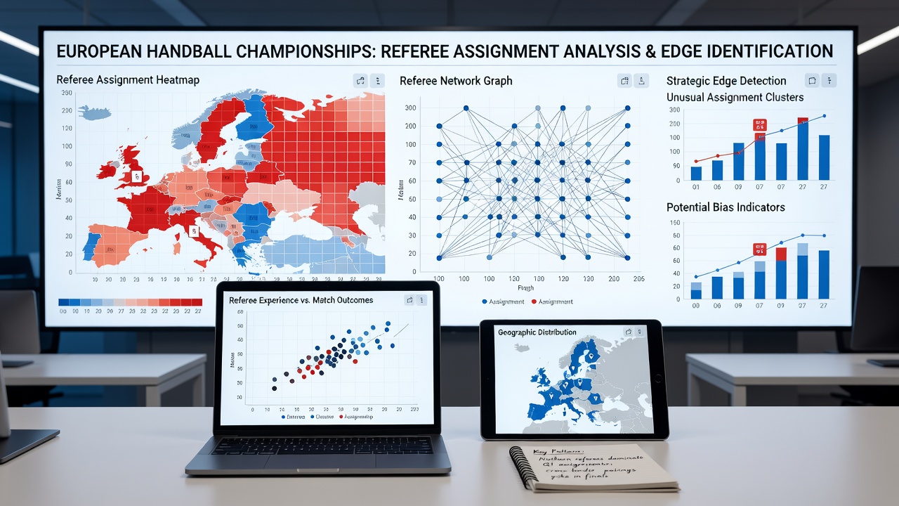 Data visualization of referee assignment patterns and performance metrics from recent European handball events
