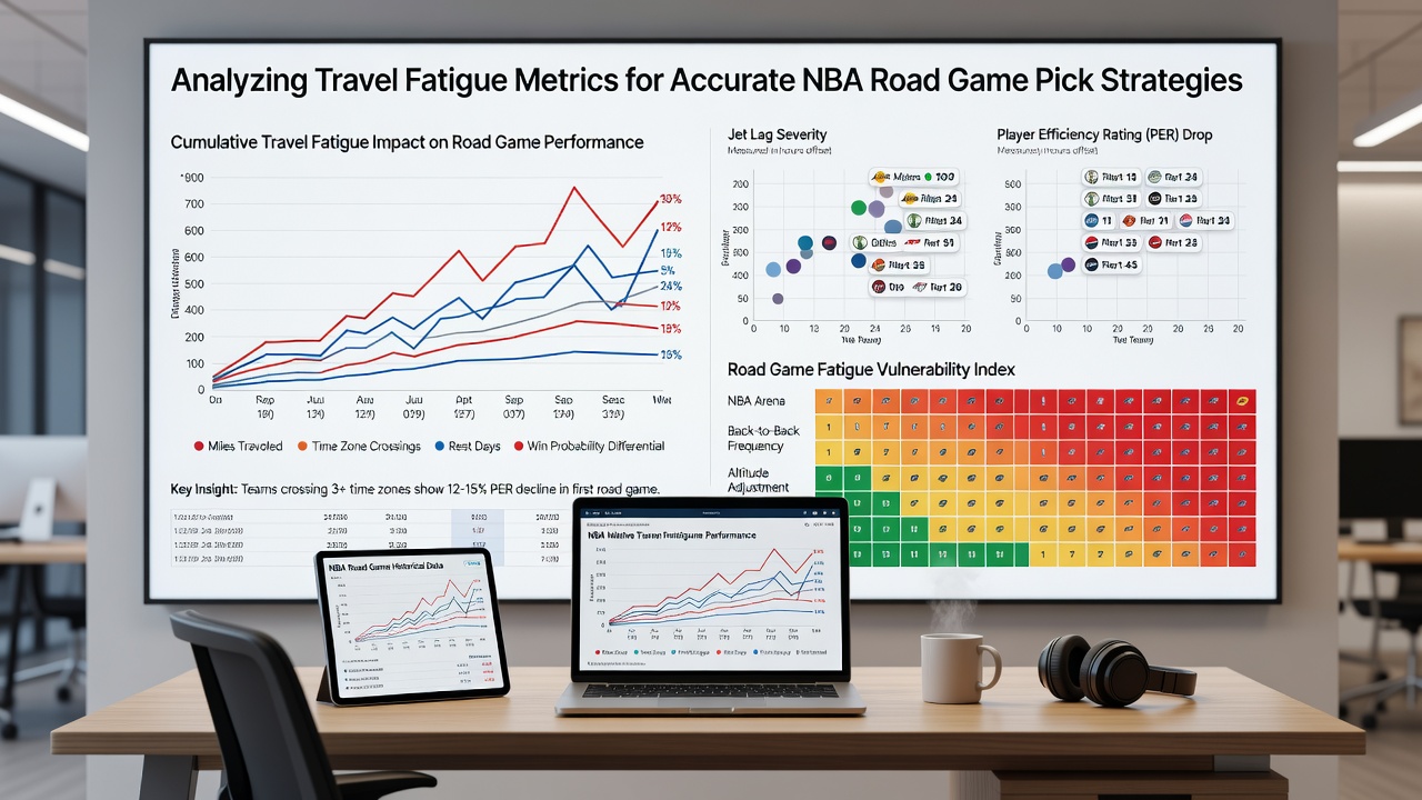 Data dashboard displaying NBA travel routes, time zone adjustments, and performance statistics for road games