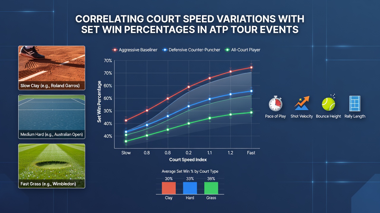 Statistical charts displaying set win percentage correlations with court speed ratings in professional tennis matches