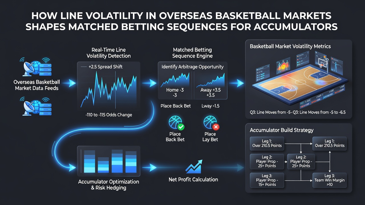 Accumulator builder reviewing multiple overseas basketball betting lines on screen