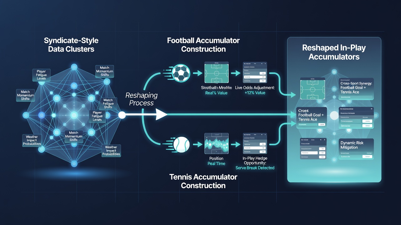 Tennis match data clusters illustrating real-time accumulator adjustments across multiple courts
