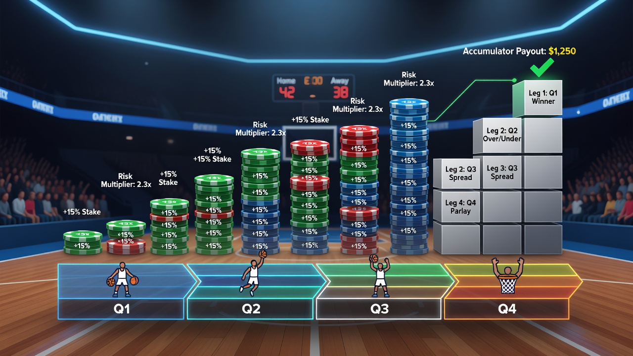 Chart illustrating accumulator payout variations based on quarter-by-quarter stake layering in playoff games