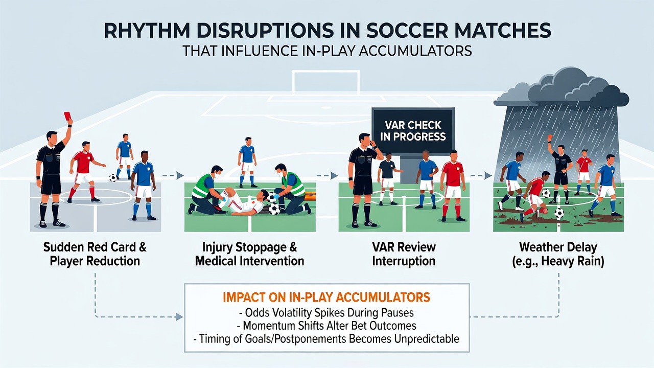 Coaches and players discussing strategy during a VAR check that pauses match flow