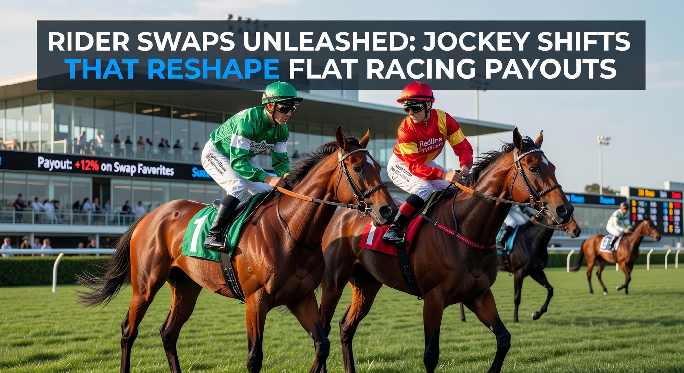 Close-up of a jockey adjusting silks on a high-energy thoroughbred in the paddock, capturing the tension of a last-minute rider swap moments before a major flat race