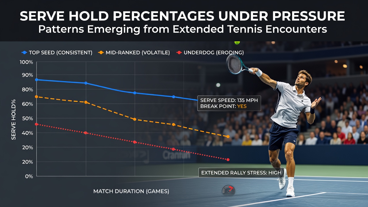 Close-up of tennis ball toss during a critical service game in an extended fifth set
