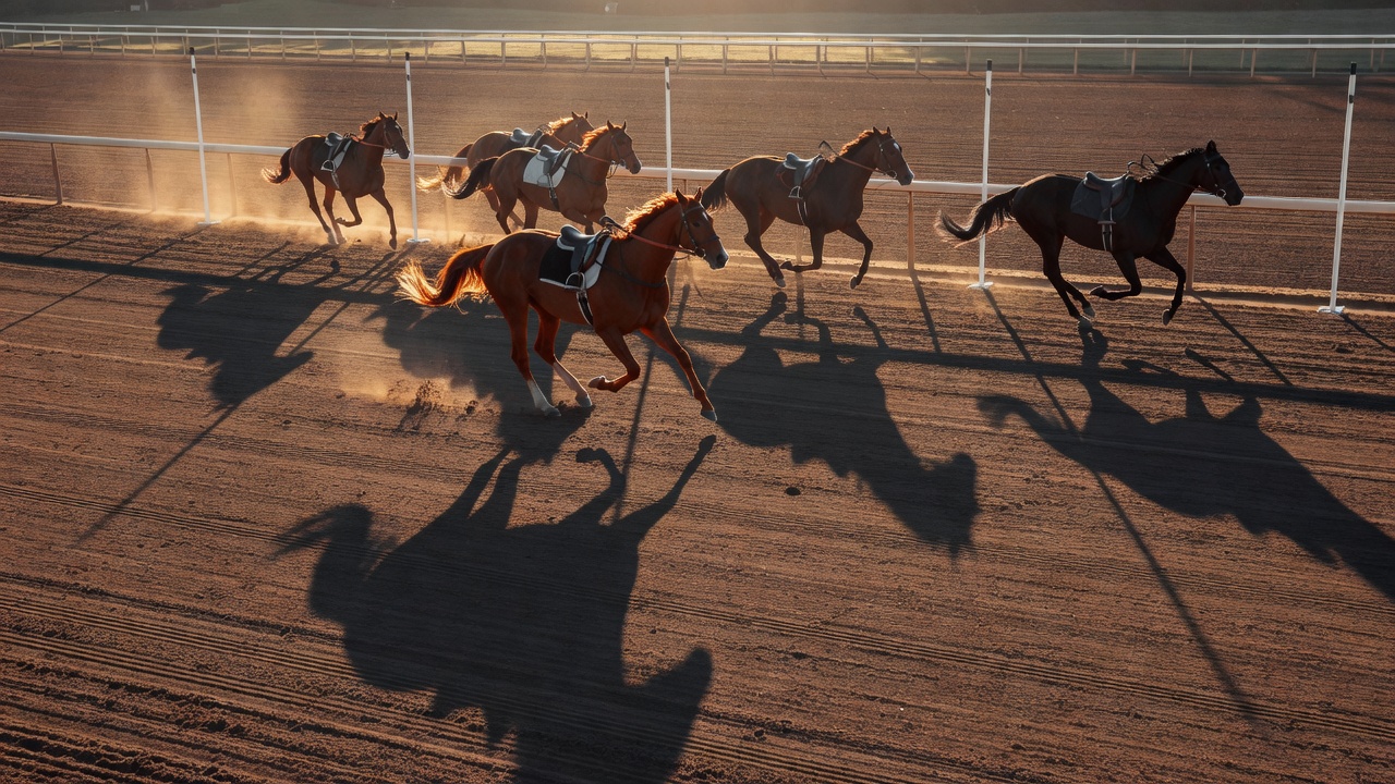 Close-up view of horse shadows during a flat racing morning gallop highlighting stride patterns