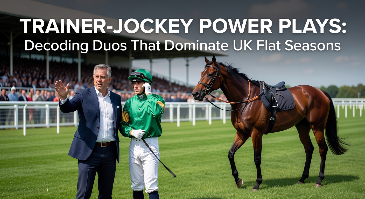 Close-up of a trainer and jockey in discussion beside a sleek thoroughbred at dawn training session, evoking strategy and partnership in UK flat racing preparation