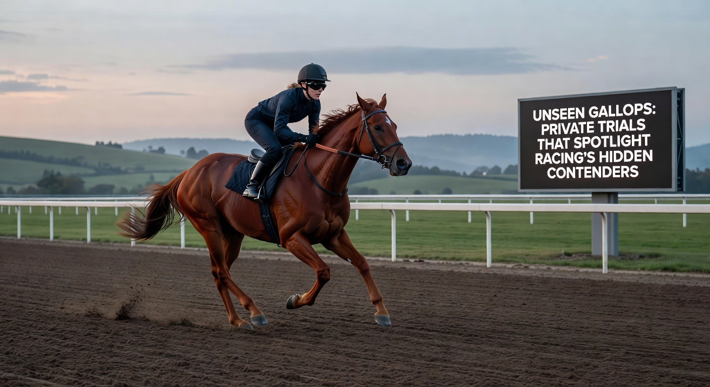 Close-up of a jockey urging a bay colt forward in a heated private trial, sweat flying as the pair hit full stride on a turf strip lined by hedges and watching grooms